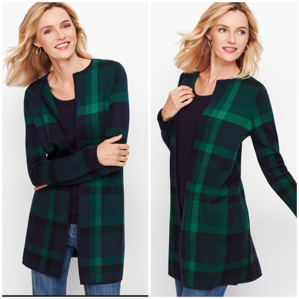 NWOT Talbots Merino Wool open plaid cardigan medium petite holiday